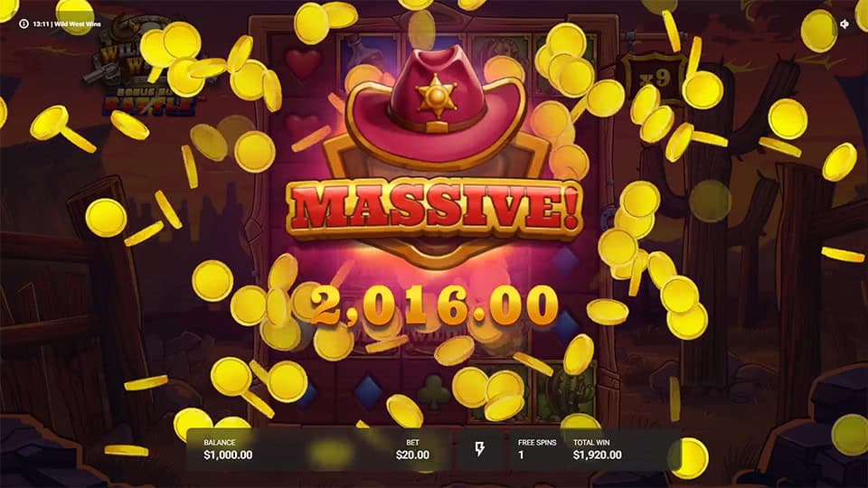 Massive Win screen in Wild West Wins slot displaying a &euro;2,016 payout.