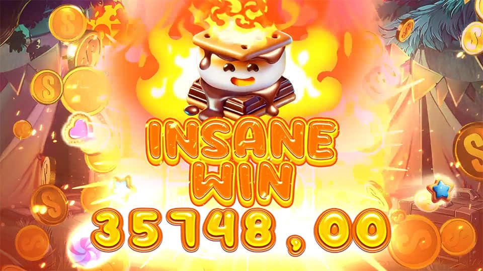 Cozy Candy ClusterBreaker slot showing an &ldquo;INSANE WIN&rdquo; of 35,748 with a smiling s&rsquo;mores character and coins exploding across the screen.