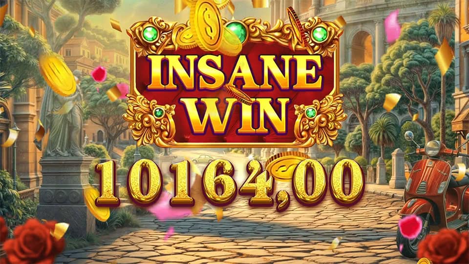 &ldquo;Insane Win&rdquo; splash with a 10,164.00 payout, golden coins flying across a vibrant Italian city street.