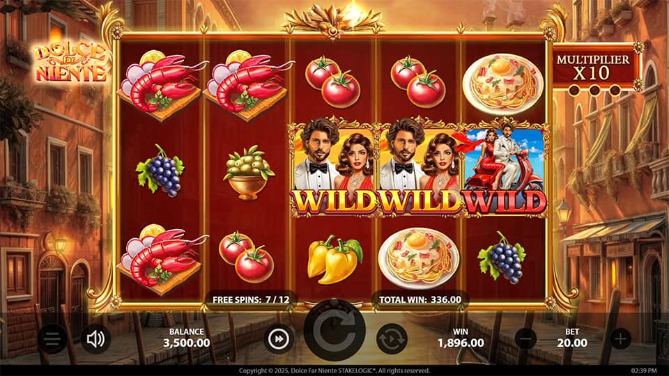 Slot reels packed with &ldquo;WILD&rdquo; symbols featuring suave characters during free spins, multiplier at x10 and a total win display.