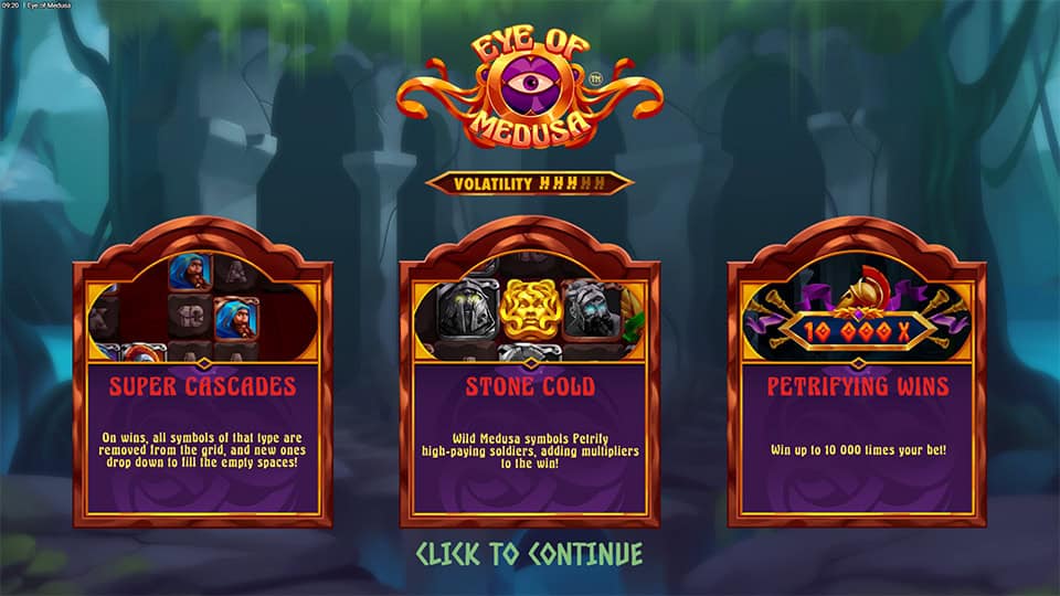 Intro screen with Super Cascades, Stone Cold petrify feature and max win of up to 10,000x bet.