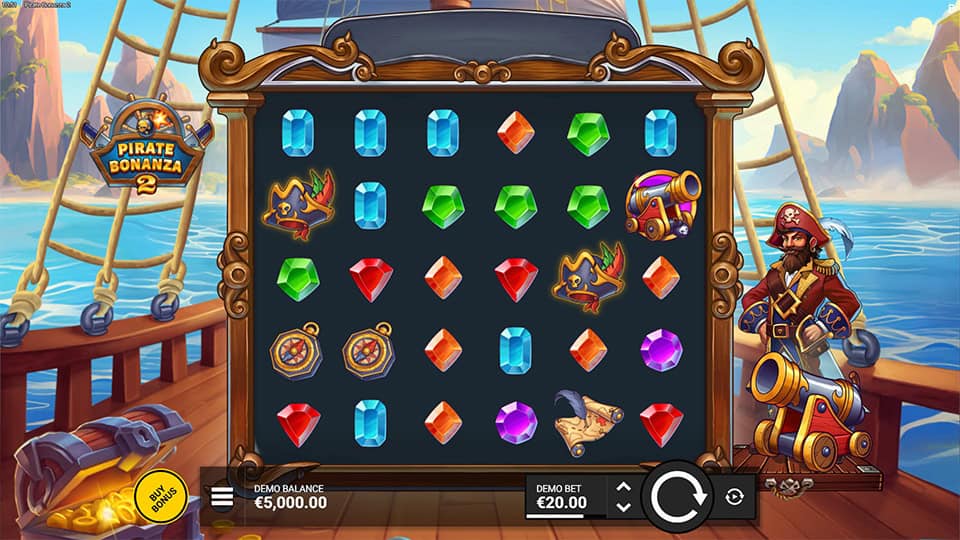 Slot screen with colorful gem symbols, pirate hats and cannons on a wooden-framed grid aboard a pirate ship.