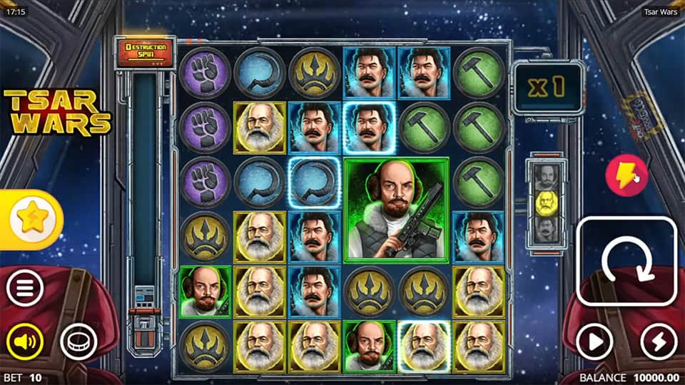 Base game screen with symbol grid featuring historical characters and icons, Tsar Wars logo and meter on the side.