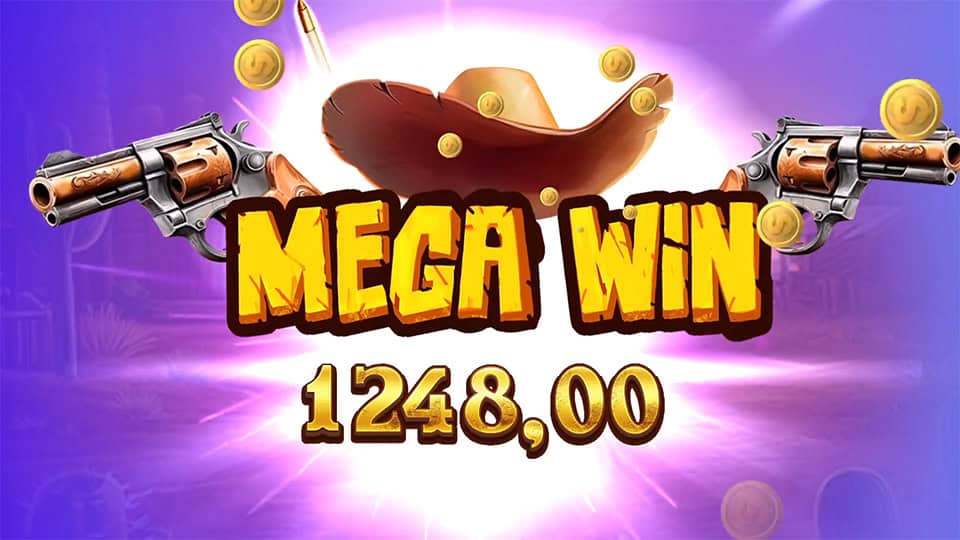 Wild Canyon slot big win display with cowboy hat, golden coins and pistols surrounding the "MEGA WIN" message.