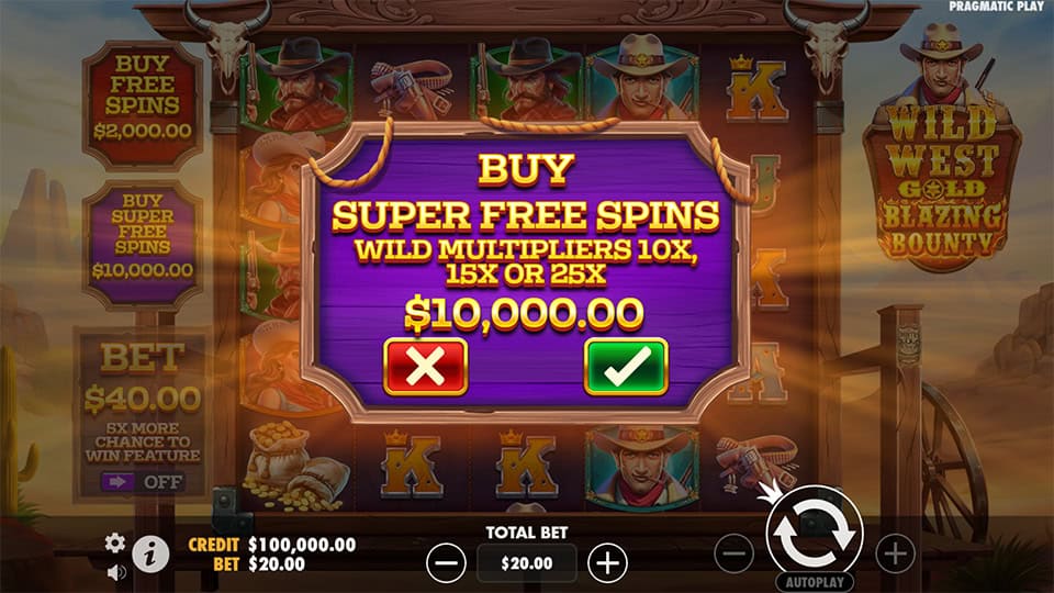Bonus buy screen offering Super Free Spins with wild multipliers of 10x, 15x or 25x.