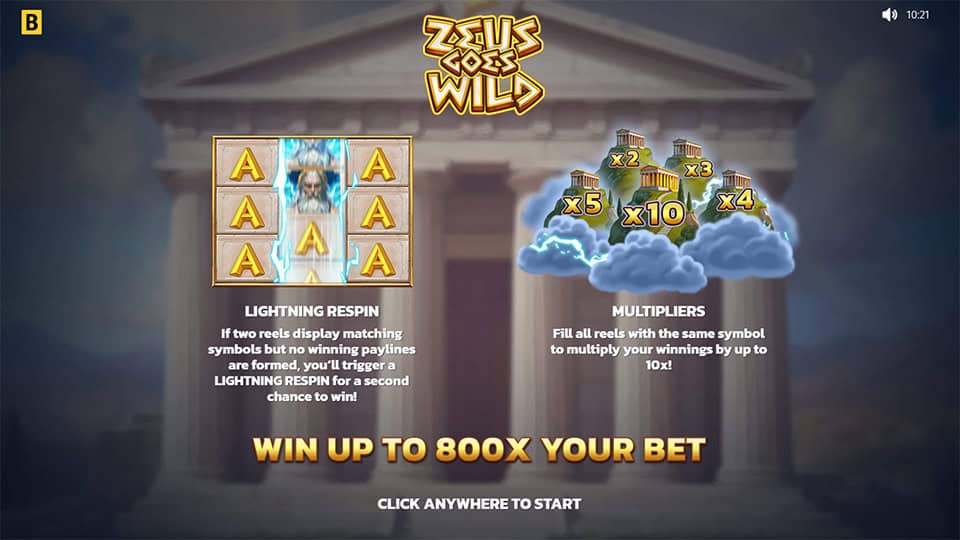 Introduction screen of Zeus Goes Wild slot with lightning, respins and multipliers up to 10x in a classical Greek setting.