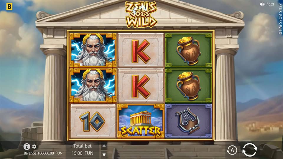 Base game screen of Zeus Goes Wild with Zeus symbols, amphorae and temple scatter on marble reel frames.
