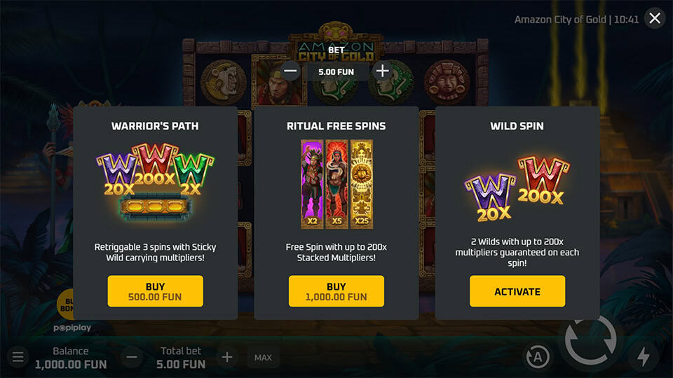 Bonus Buy menu in Amazon City of Gold with three selectable features: Warrior&rsquo;s Path, Ritual Free Spins and Wild Spin.