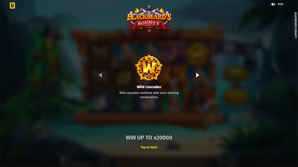 Intro screen with Blackbeard&rsquo;s Bounty logo, pirate ship and treasure on the shore.