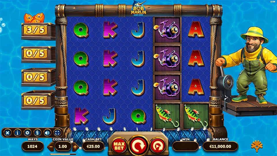 Underwater-themed reels with fisherman character, fish symbols and bonus icons on a fishing rig.