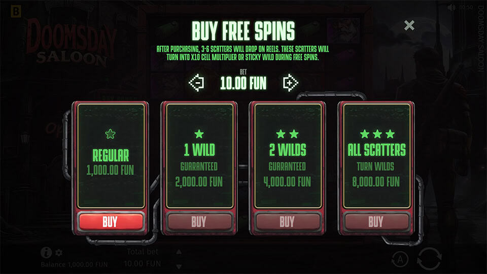 Bonus buy menu in Doomsday Saloon with four options, including wild guarantees and full scatter-to-wild conversions.