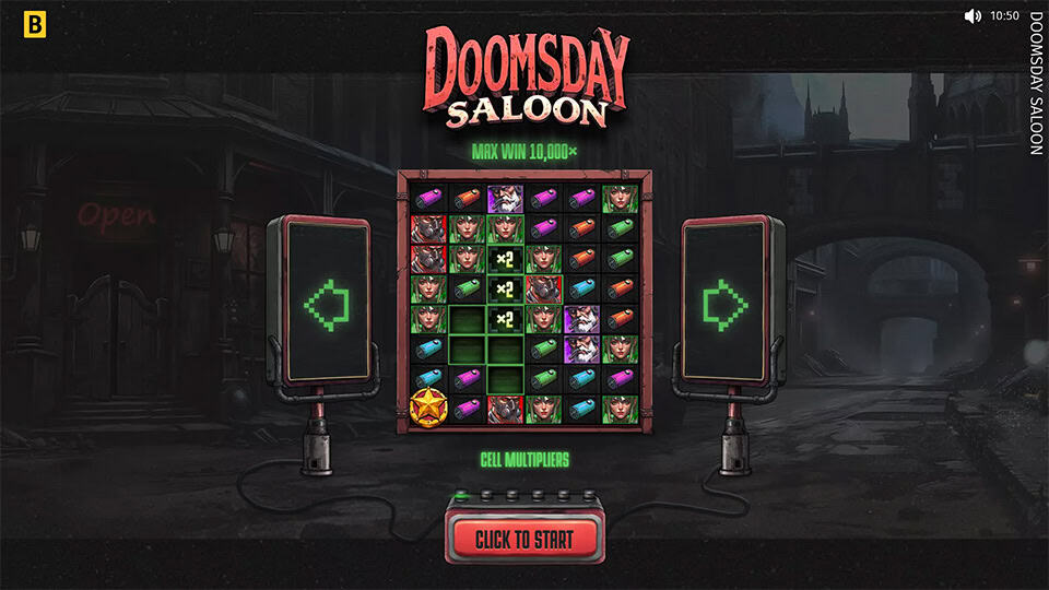 Start screen of Doomsday Saloon with the game&rsquo;s title, shadowy characters and a saloon entrance glowing "Open".