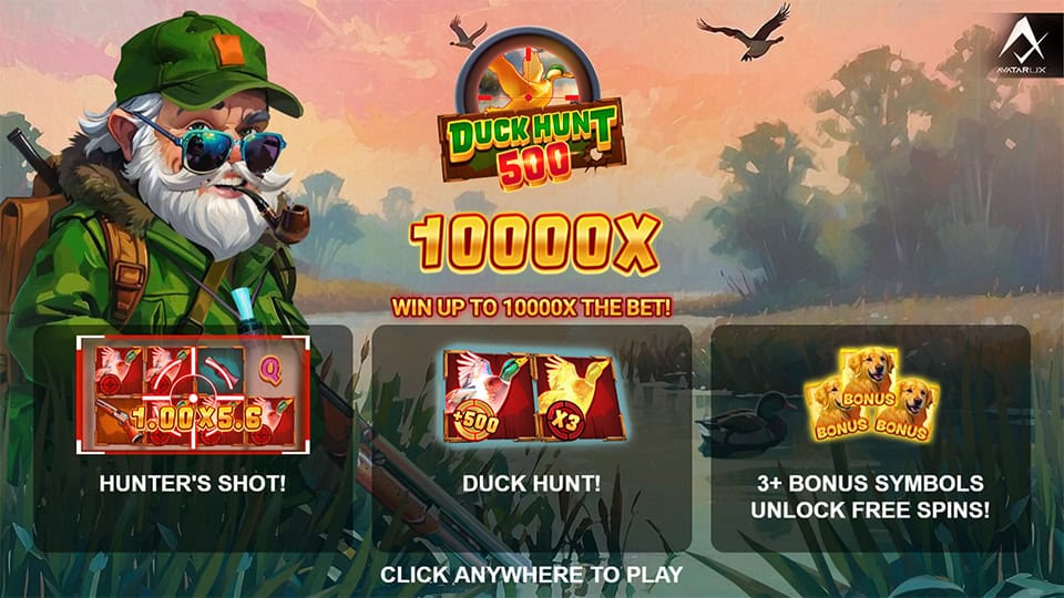 Intro screen of Duck Hunt 500 slot showing the hunter character, a scenic lake backdrop and key features like Hunter&rsquo;s Shot, Duck Hunt multipliers and Free Spins up to 10,000x win.