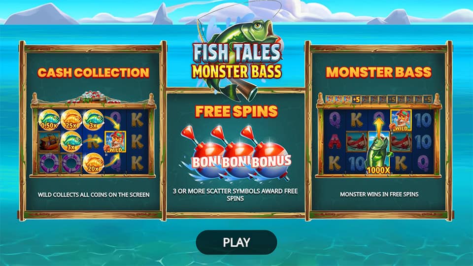 Intro screen with features like cash collection, free spins and monster wins.