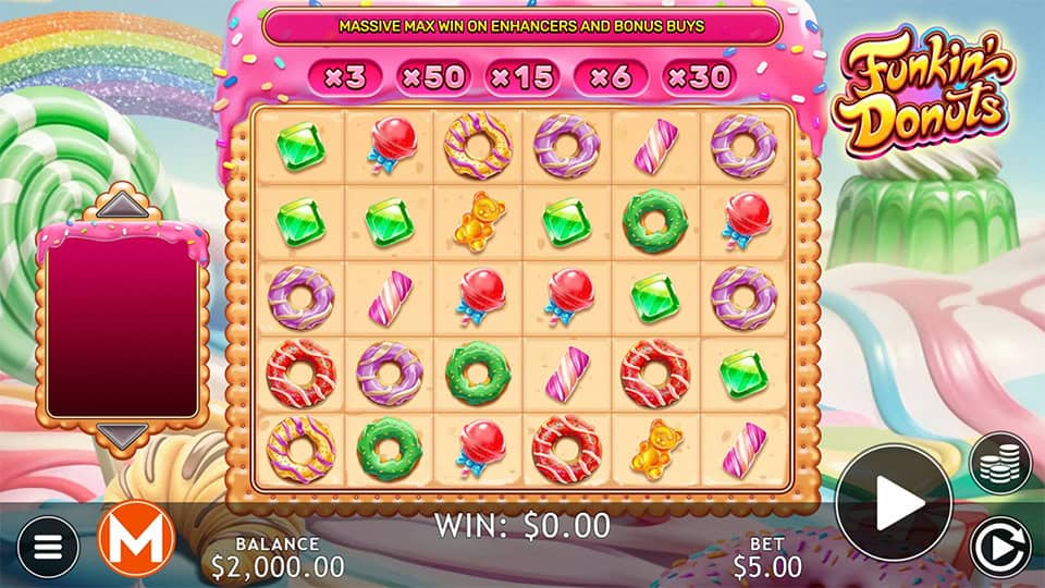 Base game screen showing donuts, candies, gummy bears and cluster multipliers.