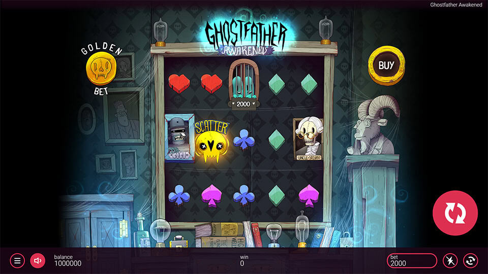 Slot reels showing ghostly characters and card suits with a spooky lab backdrop and a &ldquo;Golden Bet&rdquo; feature activated.