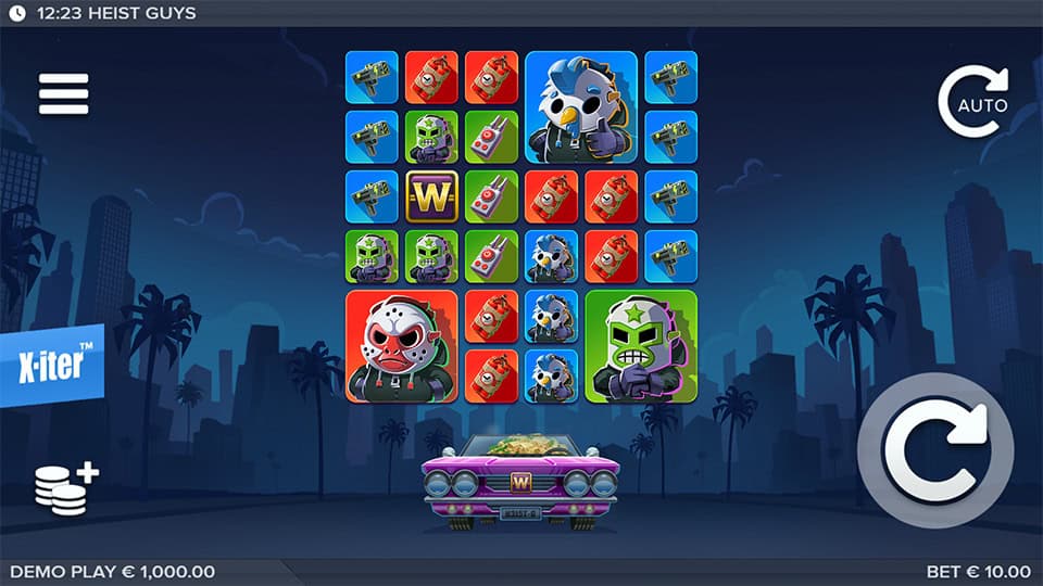 5x5 grid featuring character symbols, weapons and wilds with a getaway car below and &euro;10.00 bet active.