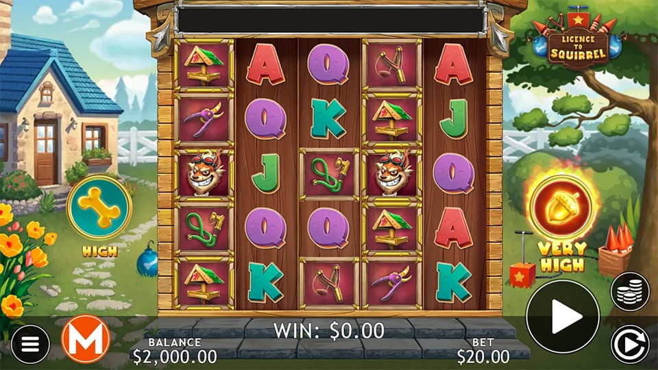 Base game screen of Licence to Squirrel with cartoon weapons, colorful reels and animal characters.