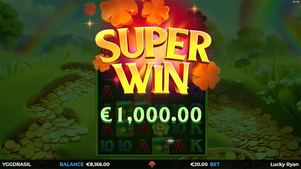&ldquo;Super Win&rdquo; banner showing a &euro;1,000.00 prize with clover leaves exploding and reels dimmed in the background.