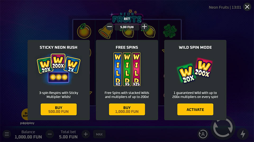 Bonus buy menu with Sticky Neon Rush, free spins and Wild Spin Mode options.