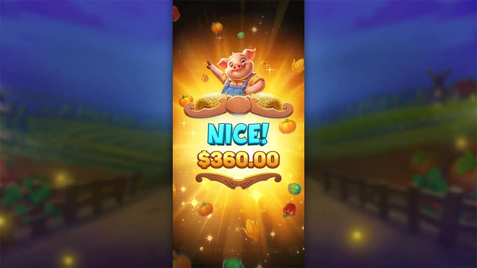 Pig Farm slot win screen displaying &ldquo;Nice!&rdquo; with a pig celebrating a $360 reward.