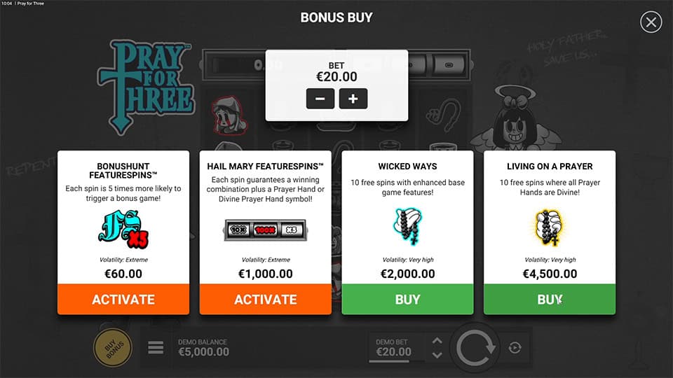 Bonus buy menu in Pray for Three with five distinct options including Bonushunt, Hail Mary and Living on a Prayer.