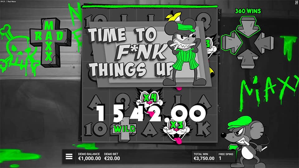 Rad Maxx slot showing wild cat multipliers with a &euro;1542 win during free spins.