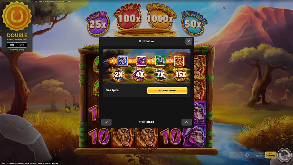 uy Feature menu overlay showing the symbols unlocking multipliers (2x&ndash;15x) and a Buy Free Spins option.