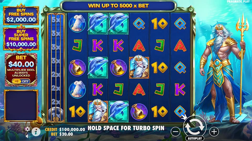 Underwater reels packed with dolphins, vases and Poseidon symbols across 6 reels.