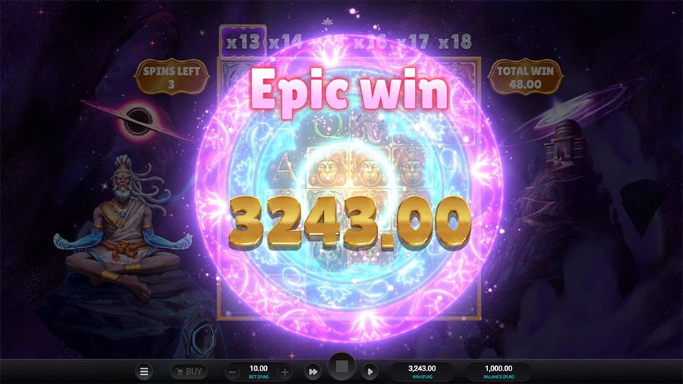 Glowing circular animation with &ldquo;Epic Win&rdquo; text and a bearded guru floating on the side of a cosmic mountain.