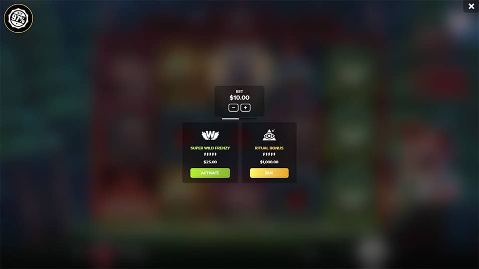 Bonus buy interface offering &ldquo;Super Wild Frenzy&rdquo; and &ldquo;Ritual Bonus&rdquo; with adjustable bet options.