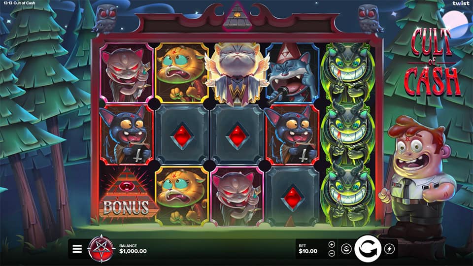 Slot screen showing a full grid of quirky monster symbols with 3 free spins active and a vibrant &ldquo;Cult of Cash&rdquo; logo on the right.