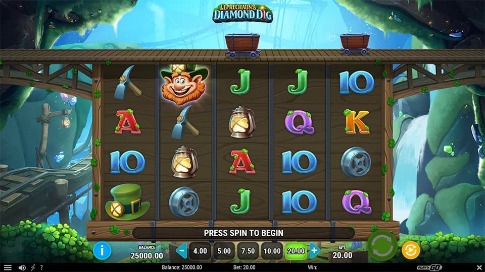 Slot reels featuring lanterns, pickaxes, lucky hats and gem-themed symbols set on a mine bridge.