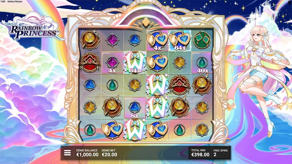 Free spins screen showing Wild symbols, active Magic Frame Multipliers and a filling rainbow bar.