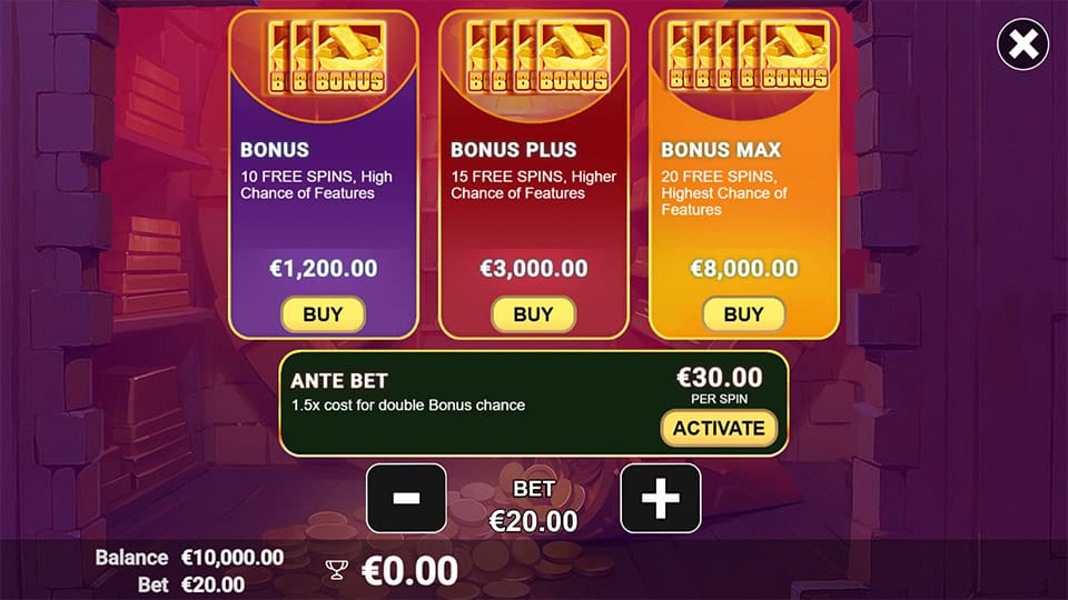 Buy feature menu offering Bonus, Bonus Plus and Bonus Max with adjustable ante bet option.