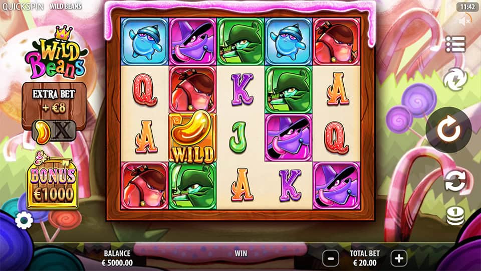 Game reels filled with colorful beans and card symbols, featuring golden wild bean symbol in center.