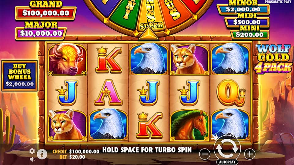 Slot grid showing symbols like eagles, cougars, horses and royal cards with a giant bonus wheel above the reels.