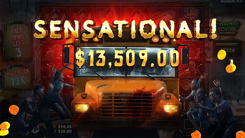 &ldquo;Sensational!&rdquo; win displayed over a blood-splattered school bus surrounded by zombies.