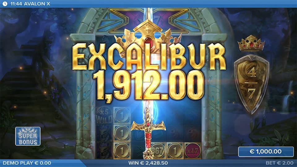 Excalibur sword pierces through glowing win message during a high payout sequence in the bonus round.