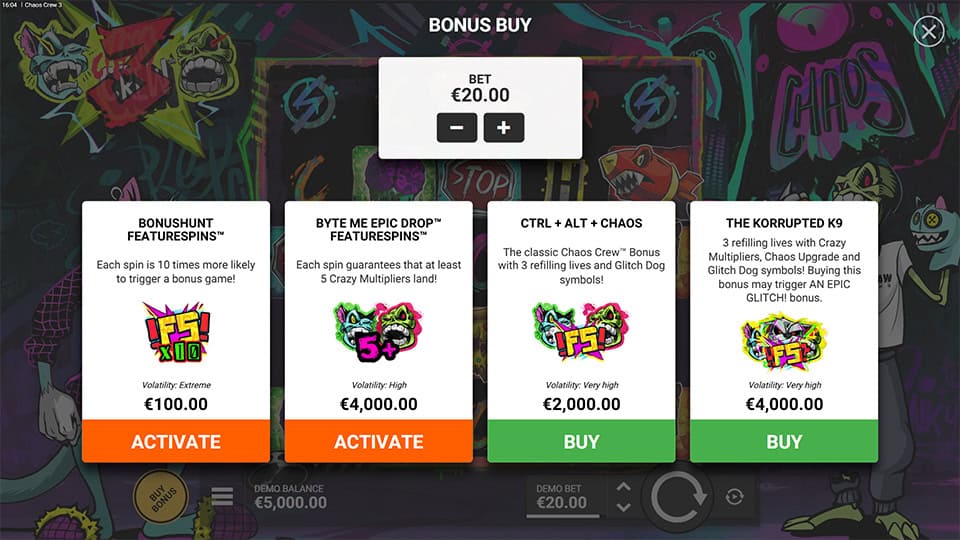 Bonus buy menu displaying options such as Bonushunt, Byte Me Epic Drop, Ctrl+Alt+Chaos and The Korrupted K9, each offering unique features and volatility levels.