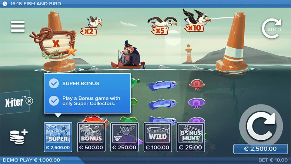 Bonus buy menu offering Super, Bonus Hunt and Wild spins with collector modes.