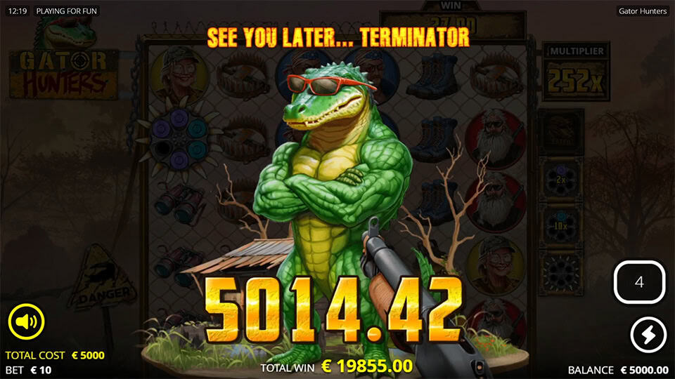 Big win screen with a muscular alligator in sunglasses crossing its arms, text reading &ldquo;See you later&hellip; Terminator&rdquo; in bold.