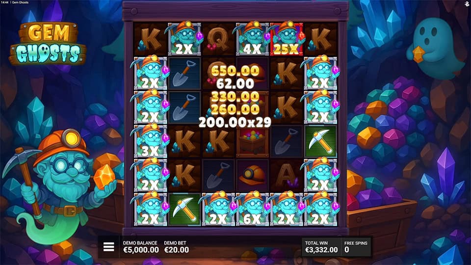 Grid filled with Wild ghost miners displaying various multipliers over pickaxes and gem symbols.