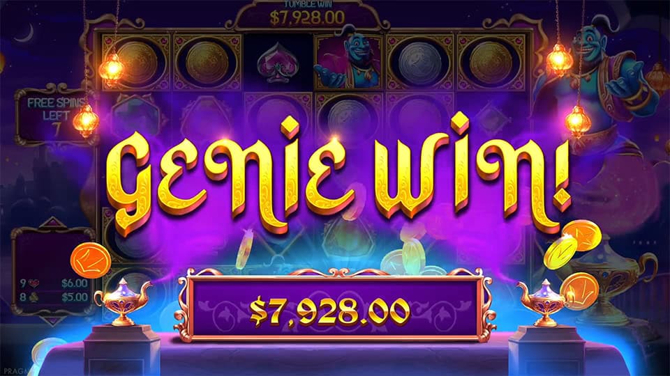 Purple and gold &ldquo;Genie Win!&rdquo; banner with glowing coins and genie lamps, set in a magical night scene.