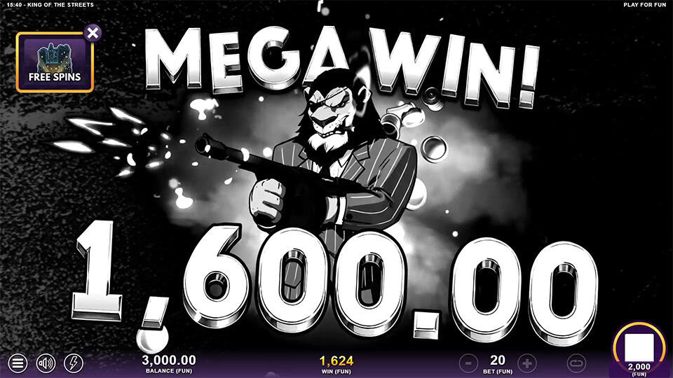 Black-and-white comic style &ldquo;Mega Win&rdquo; screen with lion gangster firing a Tommy gun.