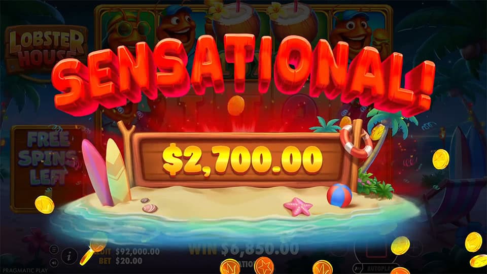 &ldquo;Sensational!&rdquo; banner in bold red letters above a wooden sign, with coins flying over a beach scene.
