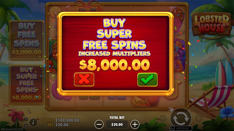 Bonus buy confirmation screen offering Super Free Spins with increased multipliers, displayed on a bold red panel.