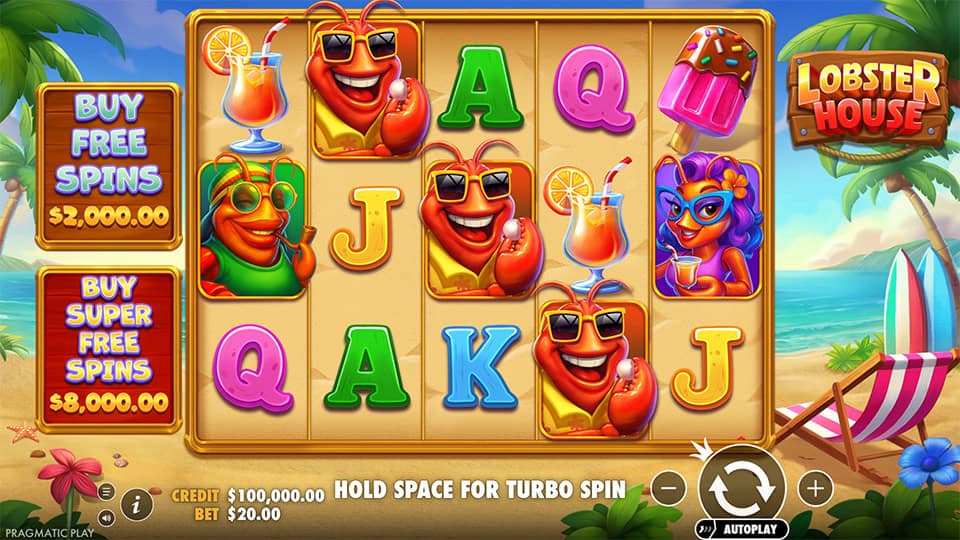 Main game screen with bright beach-themed symbols including lobsters, cocktails and ice creams, set against a sunny seaside backdrop.