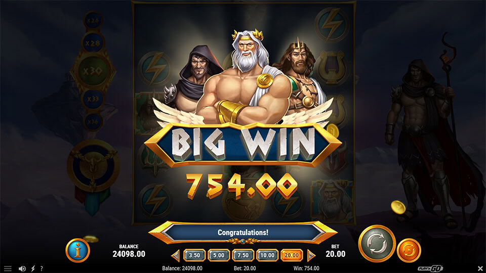 Win screen featuring Zeus, Poseidon and Hades under a “Big Win” banner with celebratory effects.