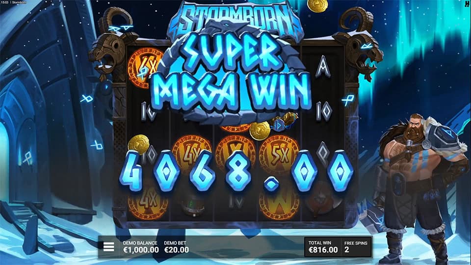 Super Mega Win banner with electric effects, coins flying and a storm-lit battlefield behind the reels.